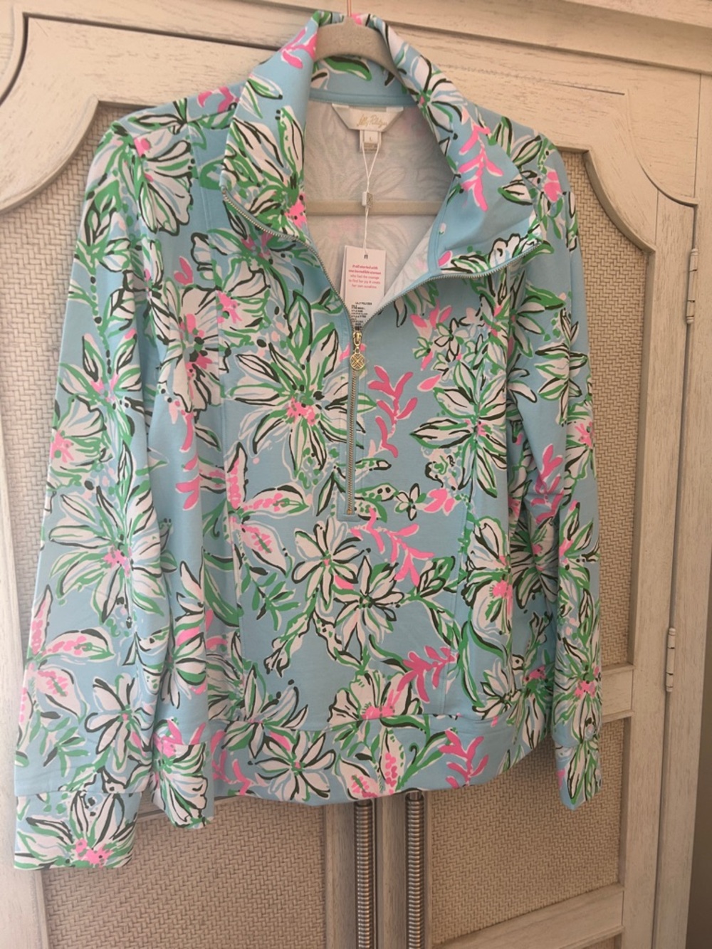 Lilly Pulitzer Light Blue Floral Half-Zip Top with Pink & Green Accents